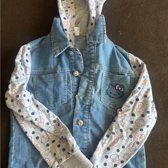Hello Kitty Blue Denim Jacket with Patterned Gray Sleeves - Picture 1 of 6